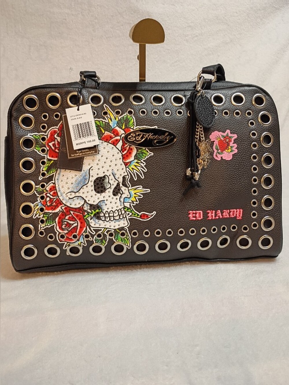 Ed Hardy Black Skull & Rose Eyelet Satchel - Picture 1 of 9